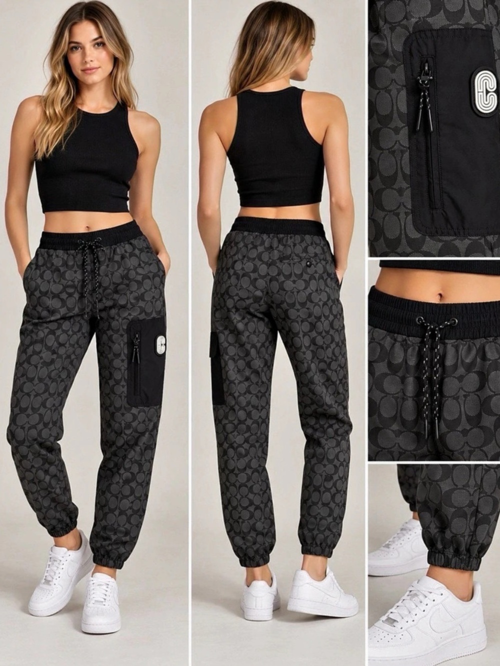 Coach Signature Mixed Media Jogger Pants Black & Gray Medium